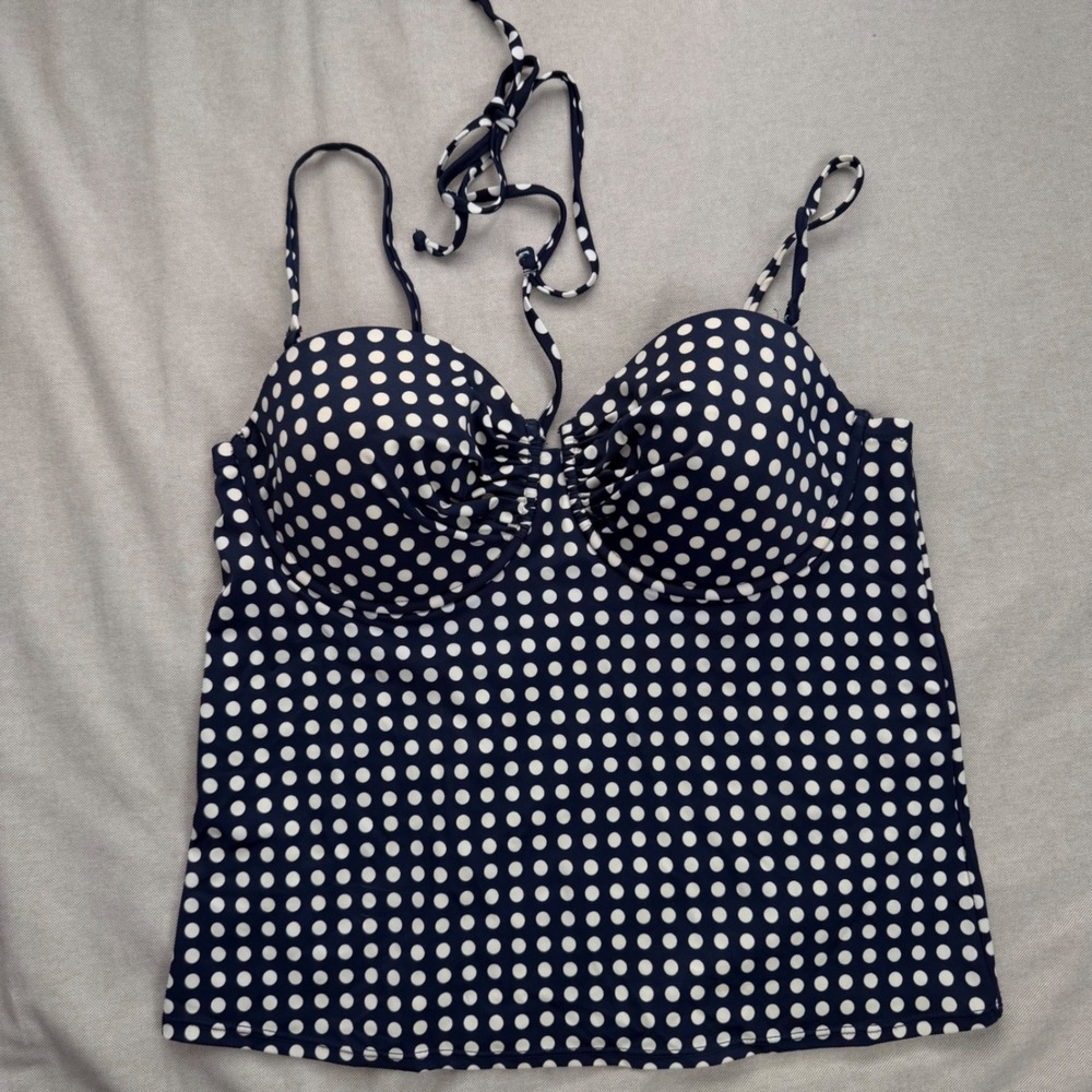 J.Crew Large Navy Blue White Polka Dot Underwire Tankini Top VTG Inspired Halter